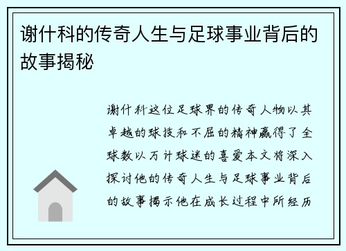 谢什科的传奇人生与足球事业背后的故事揭秘